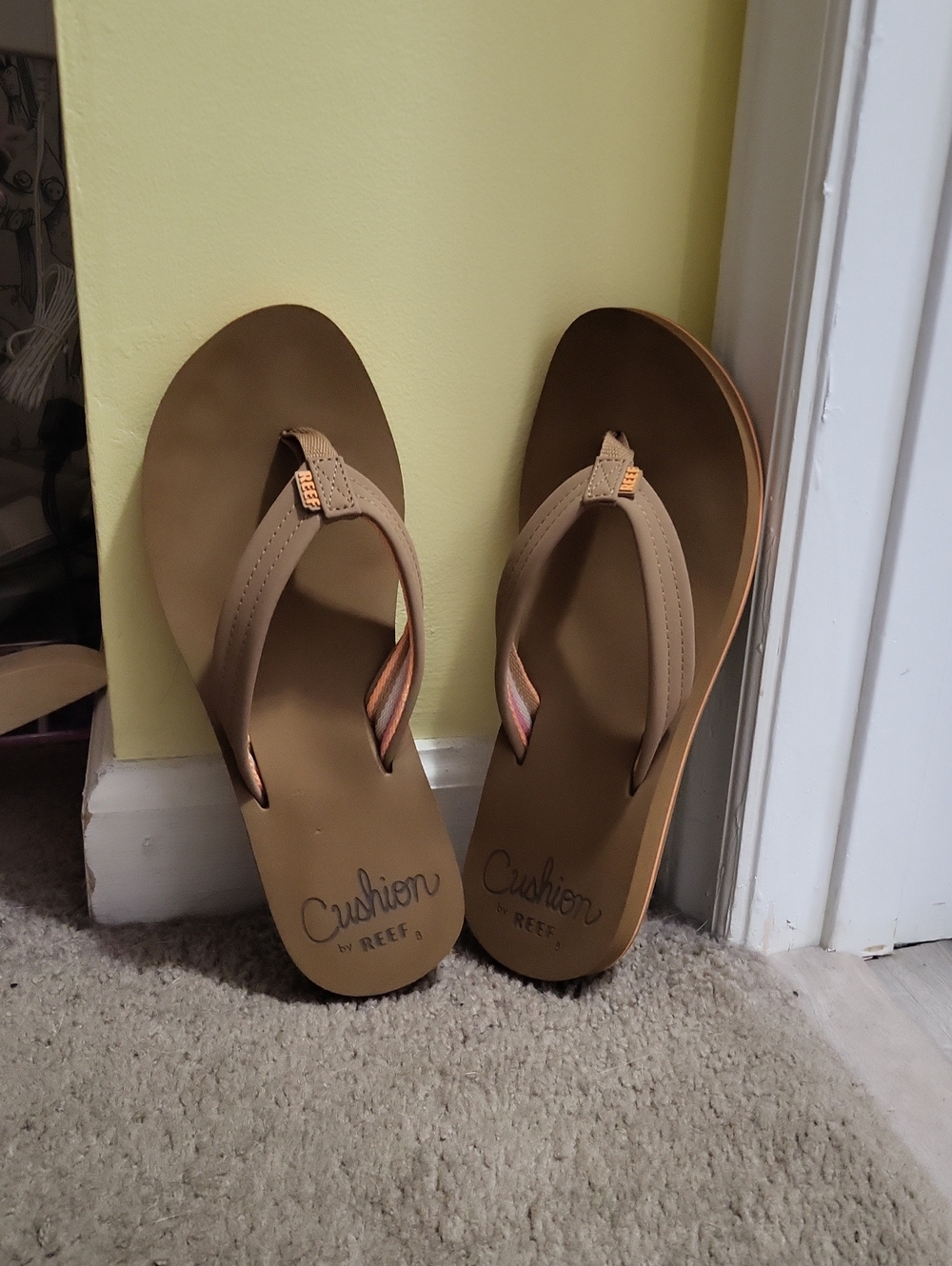 Reef Women's Tan Cushion Flip Flops with Subtle Pink Accent